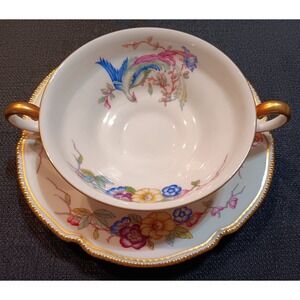 Castleton‎ China Phoenix Cream Soup Bowl and Saucer Set Gold Trim Made in USA